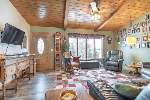 living room featuring vaulted ceiling with beams, ceiling fan, dark wood-type flooring, and wood ceiling