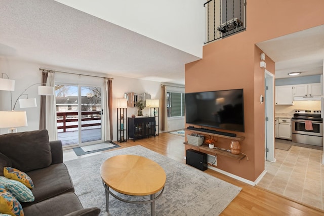 living room featuring a textured ceiling and light hardwood / wood-style floors