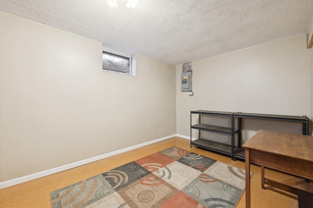 basement featuring electric panel and a textured ceiling