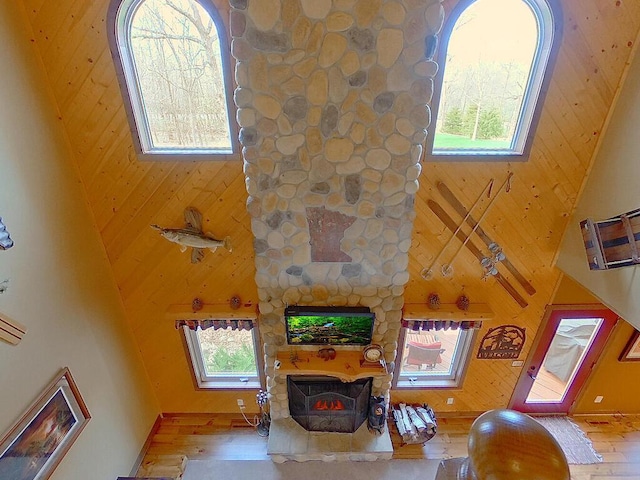 16694 206th Cir, Hutchinson, MN 55350 - living area with wood finished floors, a towering ceiling, wood walls, and a stone fireplace