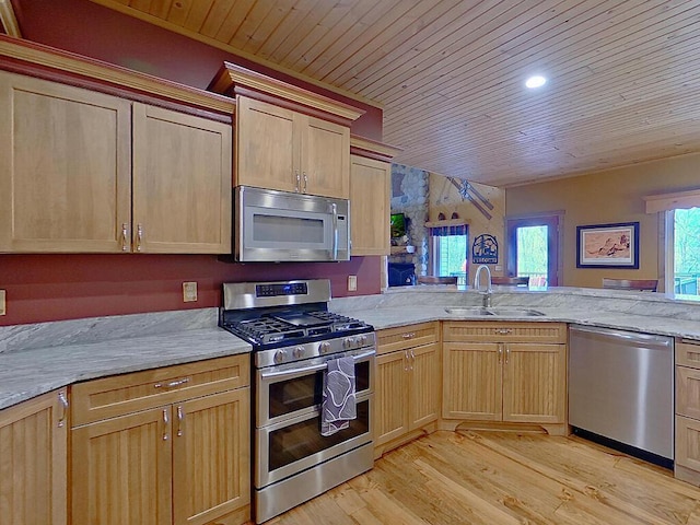 16694 206th Cir, Hutchinson, MN 55350 - kitchen with appliances with stainless steel finishes, a sink, wooden ceiling, light wood finished floors, and light brown cabinetry