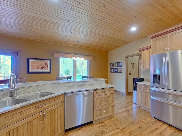 16694 206th Cir, Hutchinson, MN 55350 - kitchen featuring stainless steel appliances, wooden ceiling, a sink, light wood-style floors, and a chandelier