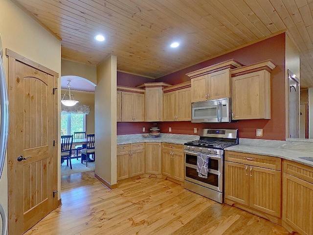 16694 206th Cir, Hutchinson, MN 55350 - kitchen featuring stainless steel appliances, light wood-style flooring, wooden ceiling, recessed lighting, and light brown cabinetry