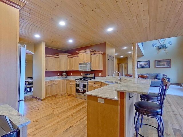 16694 206th Cir, Hutchinson, MN 55350 - kitchen with appliances with stainless steel finishes, a sink, a peninsula, light wood-style floors, and wood ceiling