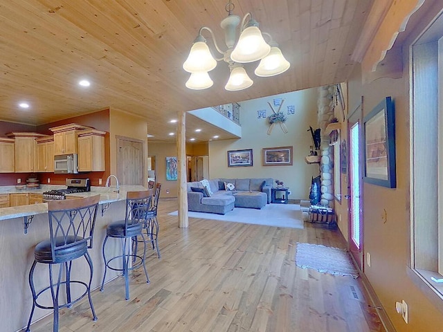 16694 206th Cir, Hutchinson, MN 55350 - kitchen with stainless steel appliances, light brown cabinetry, open floor plan, a kitchen bar, and light wood-style flooring