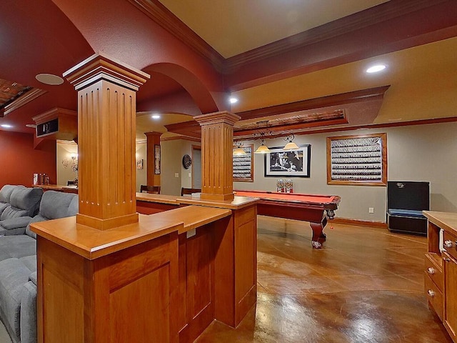 16694 206th Cir, Hutchinson, MN 55350 - playroom featuring decorative columns, crown molding, billiards table, baseboards, and concrete floors