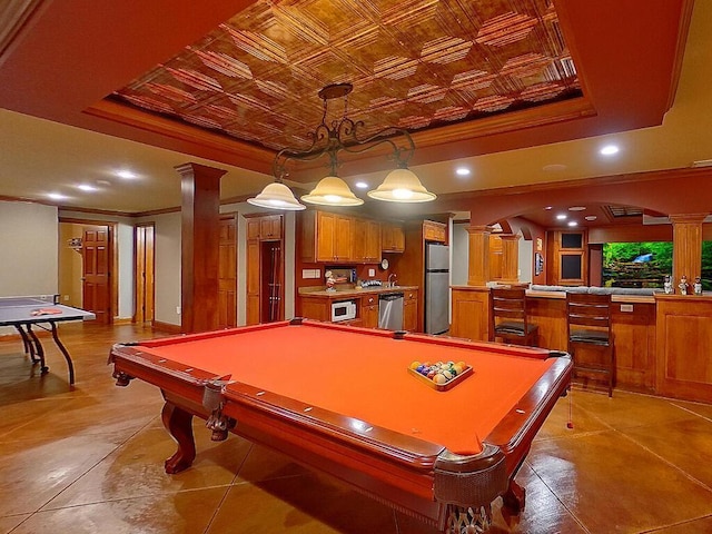16694 206th Cir, Hutchinson, MN 55350 - recreation room featuring decorative columns, a tray ceiling, an ornate ceiling, billiards table, and recessed lighting