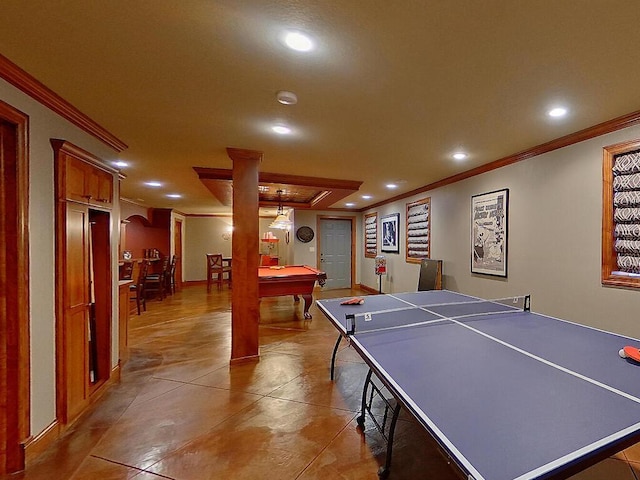 16694 206th Cir, Hutchinson, MN 55350 - game room featuring crown molding, recessed lighting, decorative columns, billiards, and baseboards