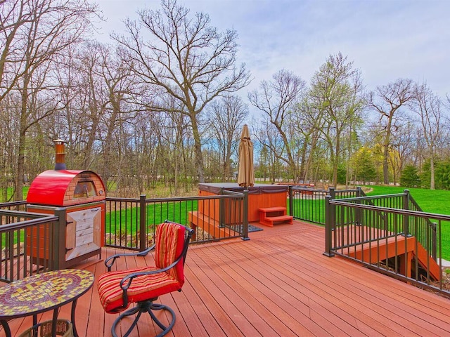 16694 206th Cir, Hutchinson, MN 55350 - wooden deck with a hot tub, a yard, and view of wooded area