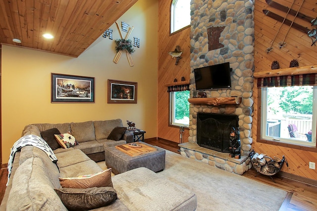 16694 206th Cir, Hutchinson, MN 55350 - living room featuring wood finished floors, plenty of natural light, a stone fireplace, wooden walls, and a towering ceiling