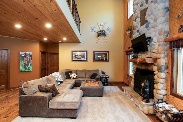 16694 206th Cir, Hutchinson, MN 55350 - living area featuring wood finished floors, a fireplace, wood ceiling, and recessed lighting