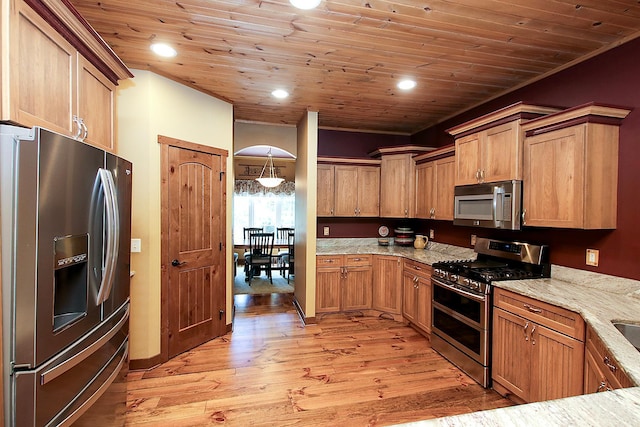 16694 206th Cir, Hutchinson, MN 55350 - kitchen featuring appliances with stainless steel finishes, wooden ceiling, light wood-style flooring, light stone counters, and recessed lighting