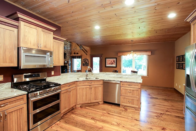 16694 206th Cir, Hutchinson, MN 55350 - kitchen featuring stainless steel appliances, a peninsula, light brown cabinets, wooden ceiling, and light wood-style floors