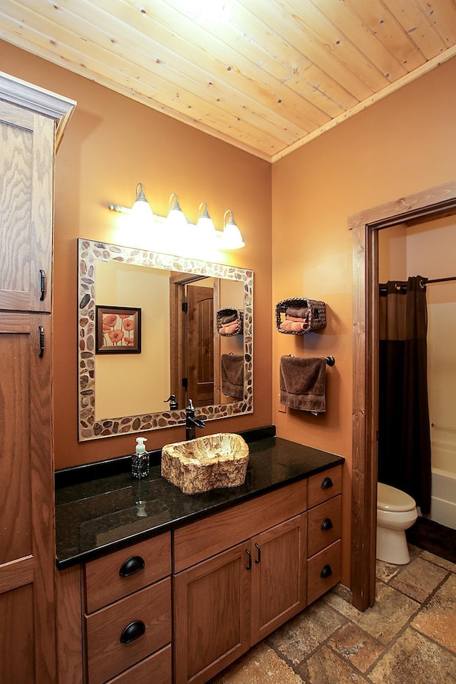 16694 206th Cir, Hutchinson, MN 55350 - full bath featuring wooden ceiling, vanity, stone tile floors, and shower / bathtub combination with curtain
