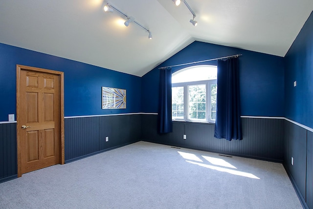16694 206th Cir, Hutchinson, MN 55350 - carpeted empty room featuring rail lighting, a wainscoted wall, and vaulted ceiling