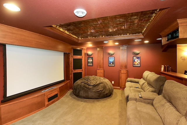 16694 206th Cir, Hutchinson, MN 55350 - carpeted home theater featuring a tray ceiling, ornate columns, crown molding, and recessed lighting