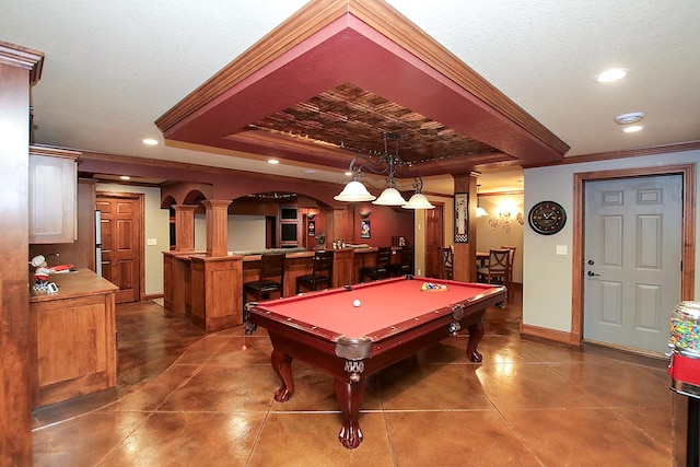 16694 206th Cir, Hutchinson, MN 55350 - rec room featuring a tray ceiling, crown molding, pool table, recessed lighting, and bar