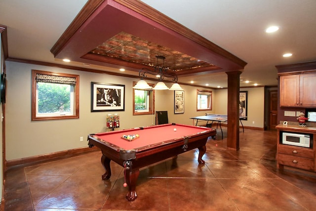 16694 206th Cir, Hutchinson, MN 55350 - playroom with crown molding, plenty of natural light, recessed lighting, a raised ceiling, and billiards table