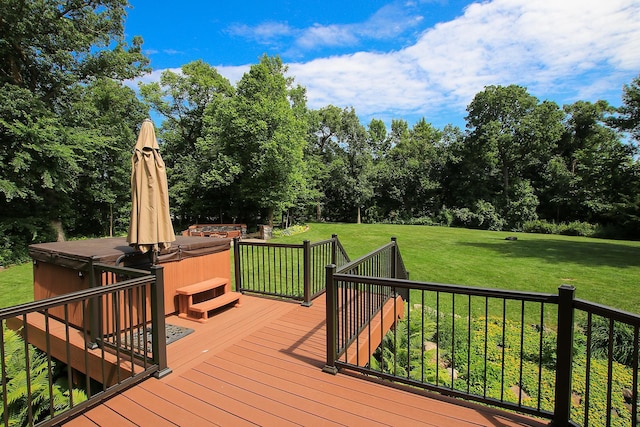 16694 206th Cir, Hutchinson, MN 55350 - deck featuring a hot tub, a lawn, and view of scattered trees