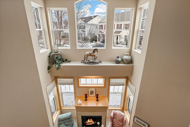 interior space featuring a warm lit fireplace and a healthy amount of sunlight