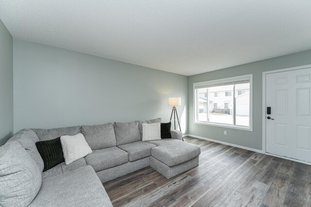 living area with a textured ceiling, baseboards, and wood finished floors