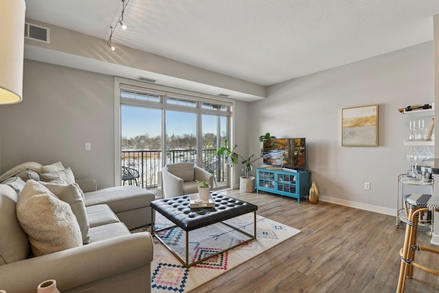 living room with track lighting and hardwood / wood-style floors