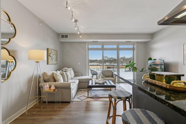 living room with dark hardwood / wood-style floors and track lighting