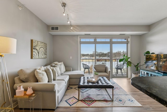 living room with track lighting and light hardwood / wood-style floors