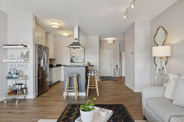 living room with track lighting and dark hardwood / wood-style flooring