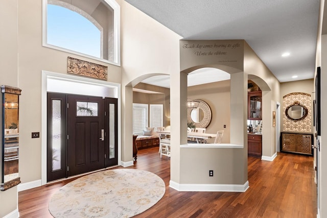 foyer entrance with a towering ceiling and dark wood-type flooring