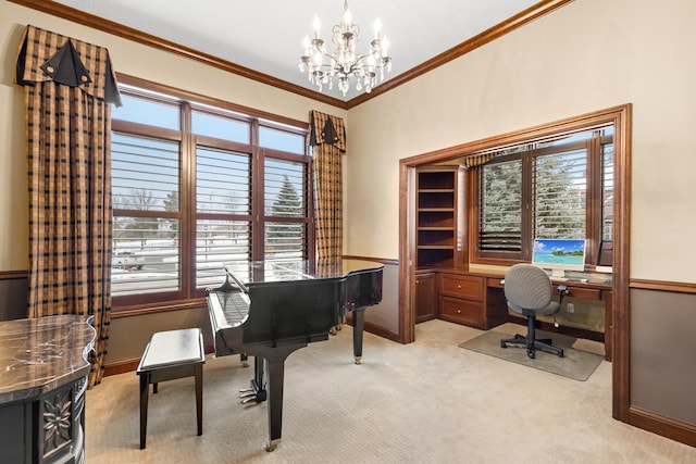 office area featuring ornamental molding, an inviting chandelier, and light carpet