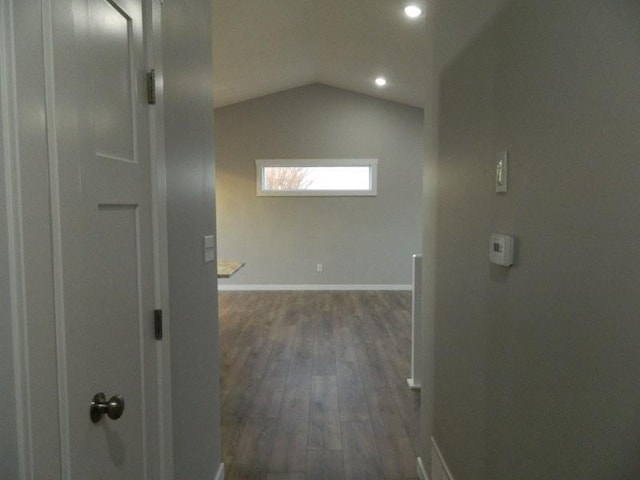 corridor featuring vaulted ceiling and dark hardwood / wood-style floors