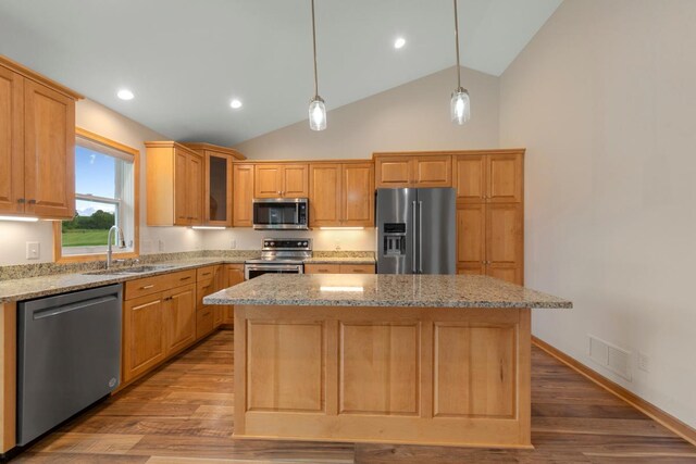 1939 Legacy Dr, Faribault, MN 55021 - kitchen featuring stainless steel appliances, a sink, a center island, wood finished floors, and light stone counters
