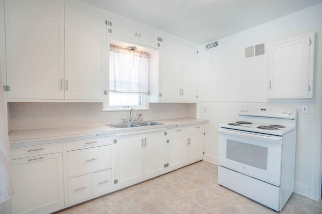 kitchen with sink, white cabinetry, electric stove, and tasteful backsplash