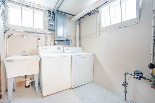 laundry area featuring electric panel and washing machine and clothes dryer