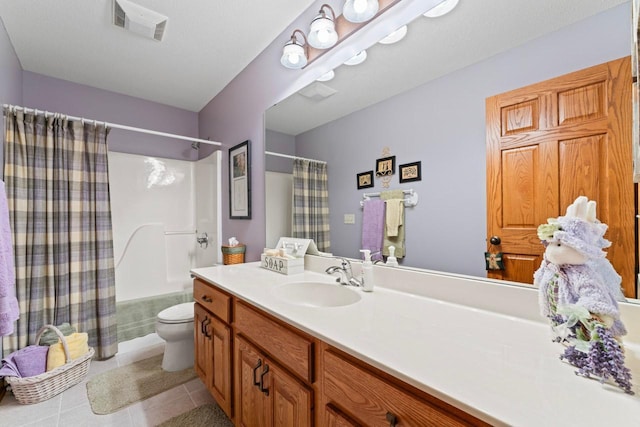 full bathroom with toilet, tile patterned floors, shower / bath combo, and vanity