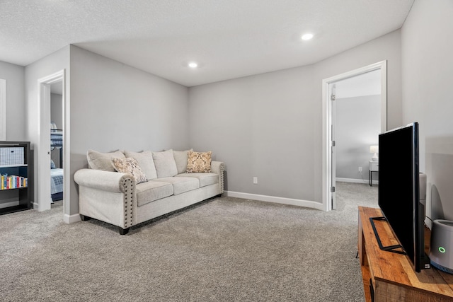 carpeted living room with a textured ceiling