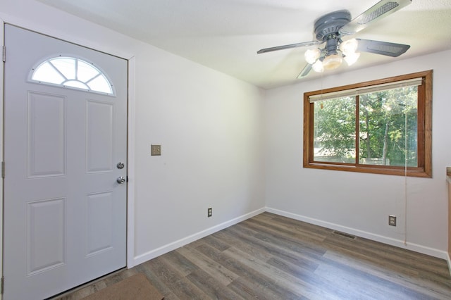 entrance foyer with ceiling fan and dark hardwood / wood-style floors