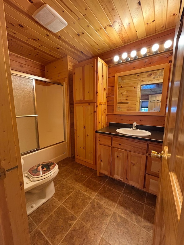 full bathroom featuring enclosed tub / shower combo, vanity, wooden walls, toilet, and wooden ceiling