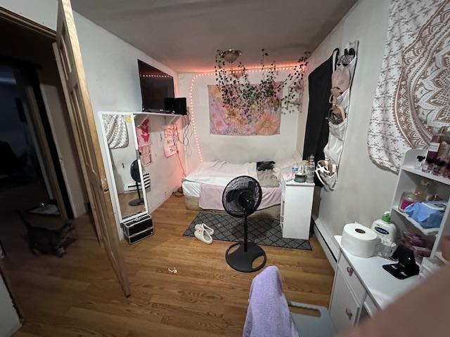 interior space featuring light wood-type flooring and a baseboard heating unit