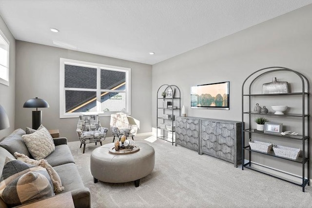 living room featuring light colored carpet