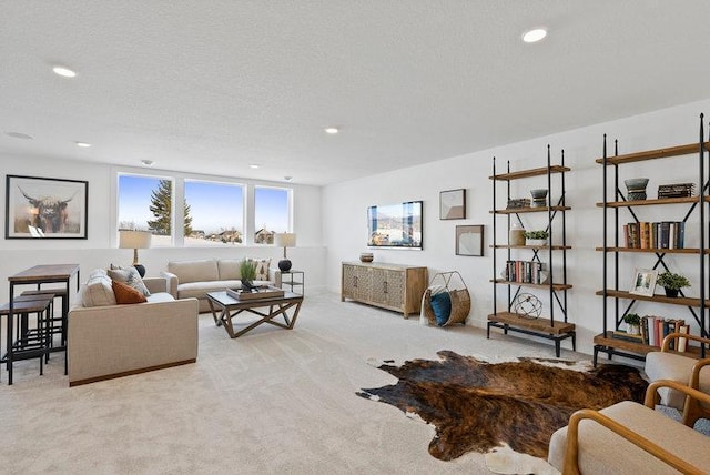 living room with a textured ceiling and light carpet