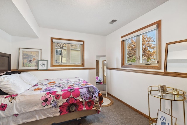 carpeted bedroom with multiple windows and a textured ceiling