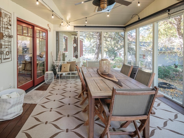 sunroom / solarium with wooden ceiling and ceiling fan