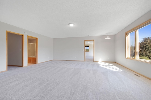 unfurnished room featuring a textured ceiling and light carpet