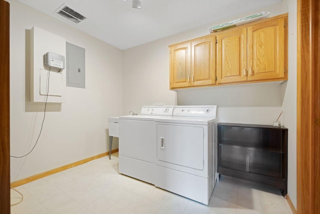 laundry room with washer and clothes dryer, cabinets, and electric panel