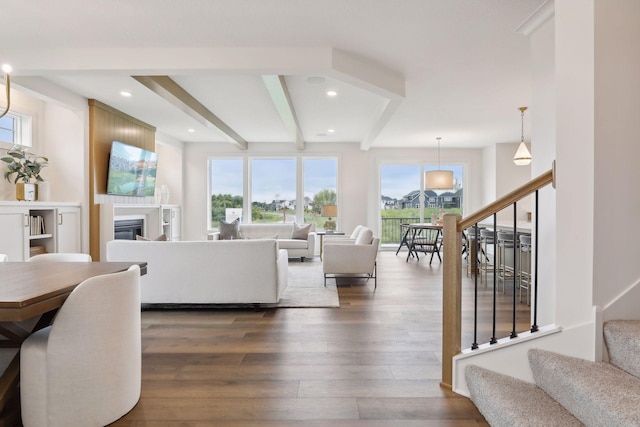 living room featuring dark hardwood / wood-style flooring, plenty of natural light, and beam ceiling