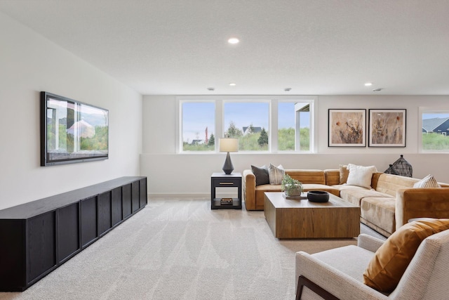 living room featuring a textured ceiling and light colored carpet