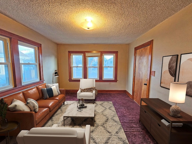 carpeted living room with a textured ceiling