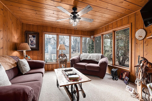 living area featuring a healthy amount of sunlight, wooden ceiling, carpet, and wooden walls